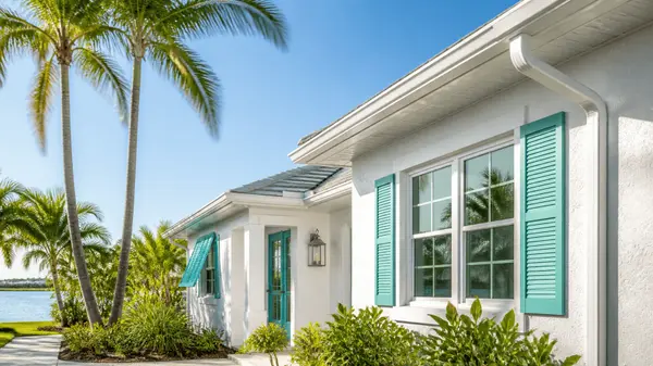 Close-up of a well-maintained white stucco coastal home exterior with clean windows