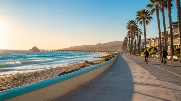 Golden morning light on the Long Beach coastal bike path with palm trees and ocean
