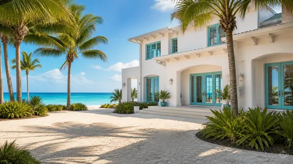 White coastal home with ocean view and turquoise water in the background