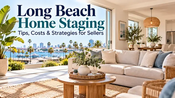 Beautifully staged living room in Long Beach, California, featuring neutral furniture, natural lighting, and coastal-inspired decor to attract homebuyers.