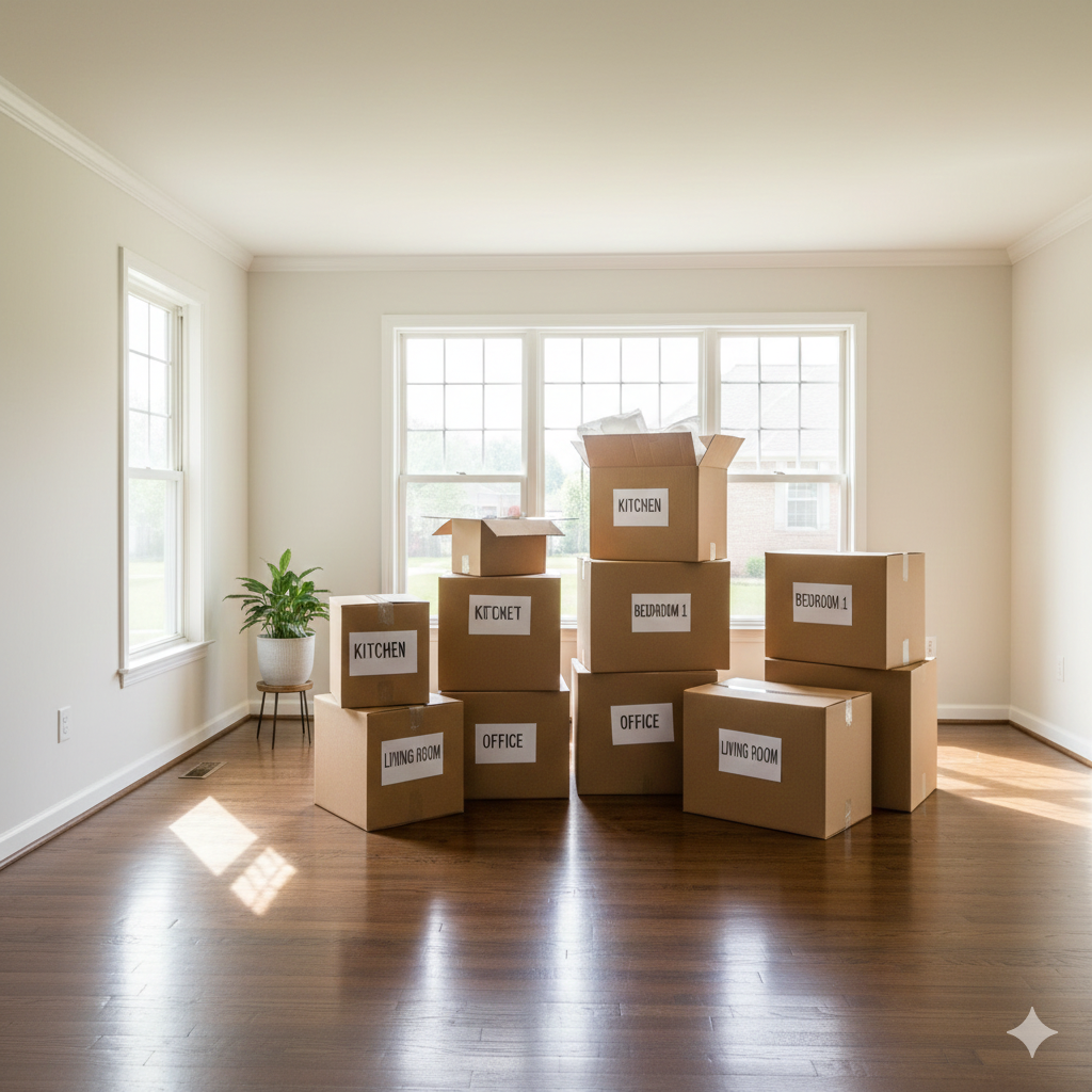 Moving boxes stacked in living room of Omaha home during relocation process