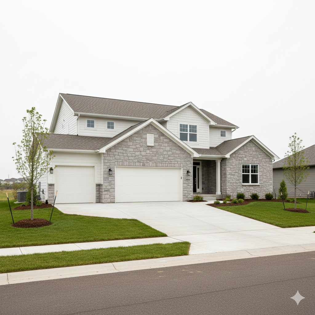 Modern new construction home exterior in Elkhorn Nebraska showing contemporary architecture with attached garage and landscaped front yard.