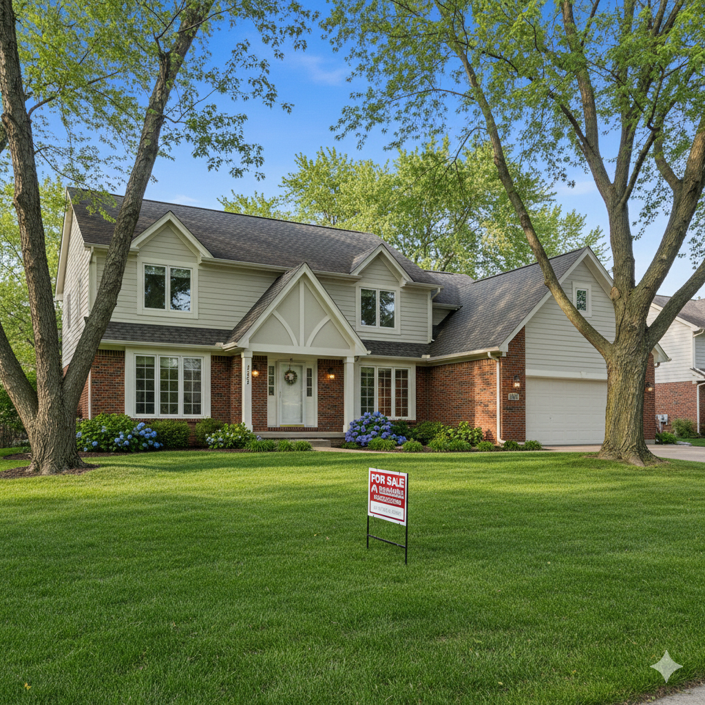Modern suburban Omaha home with for-sale sign in front yard during spring season