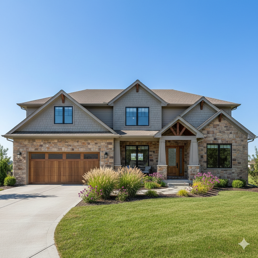 Modern suburban home exterior in Elkhorn Nebraska with landscaped front yard and two-car garage