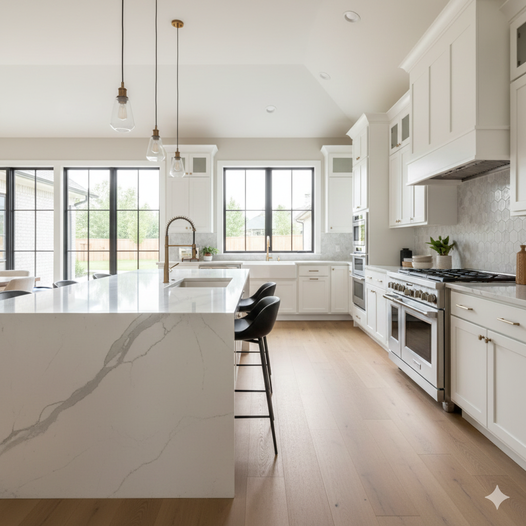 Model home exterior in a new Omaha subdivision with manicured landscaping and for-sale signage