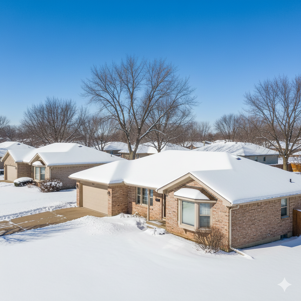 Omaha residential street during winter showing snow accumulation on roofs and homes