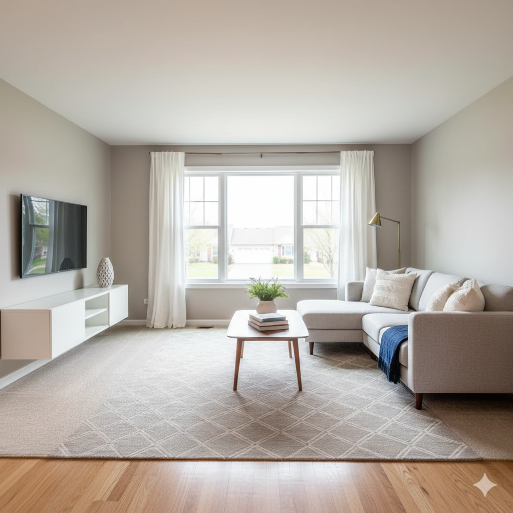 Modern neutral-toned living room interior staged for home sale in Omaha