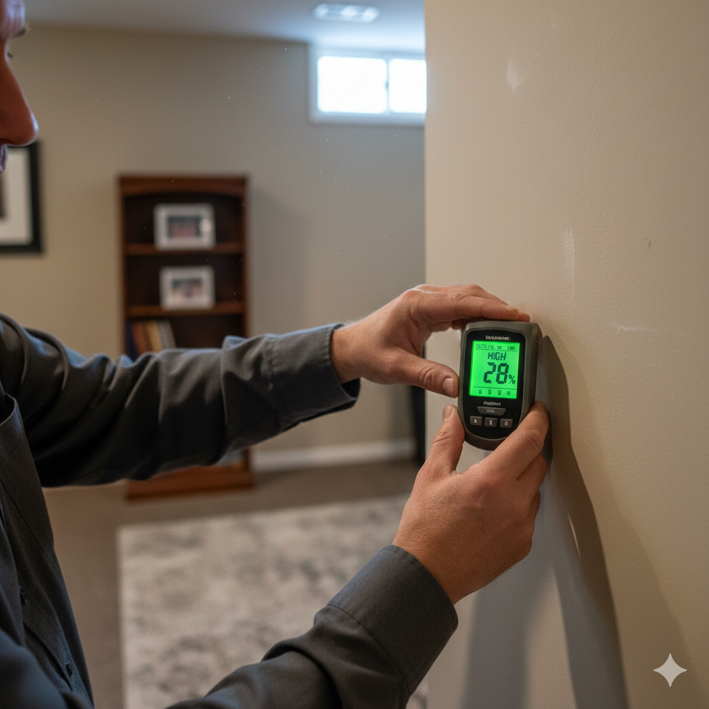 Home inspector testing for water intrusion on Omaha basement wall with professional moisture meter