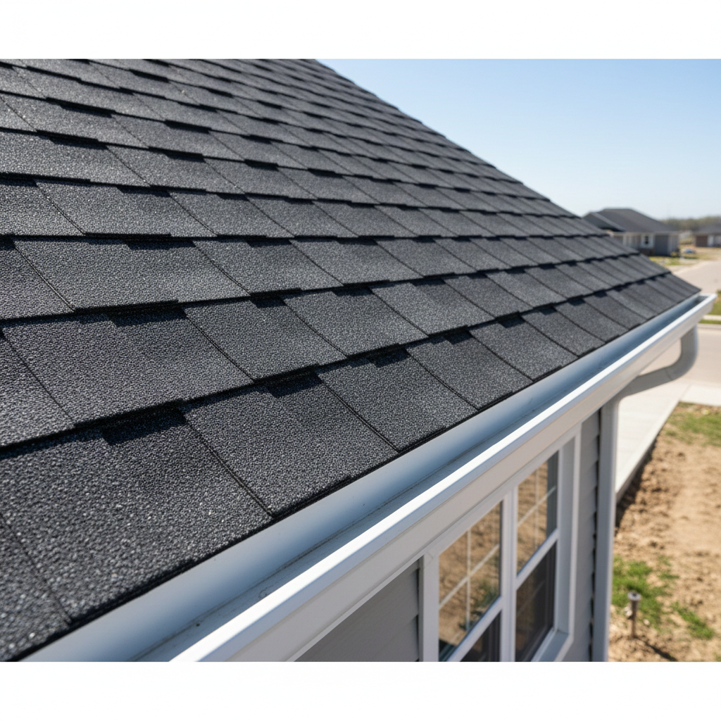 Close-up of impact-resistant Class 4 shingles on an Omaha new construction home to reduce Nebraska insurance premiums