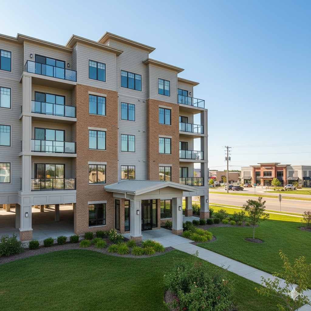 Contemporary condo building in Midtown Omaha with secure parking and amenities