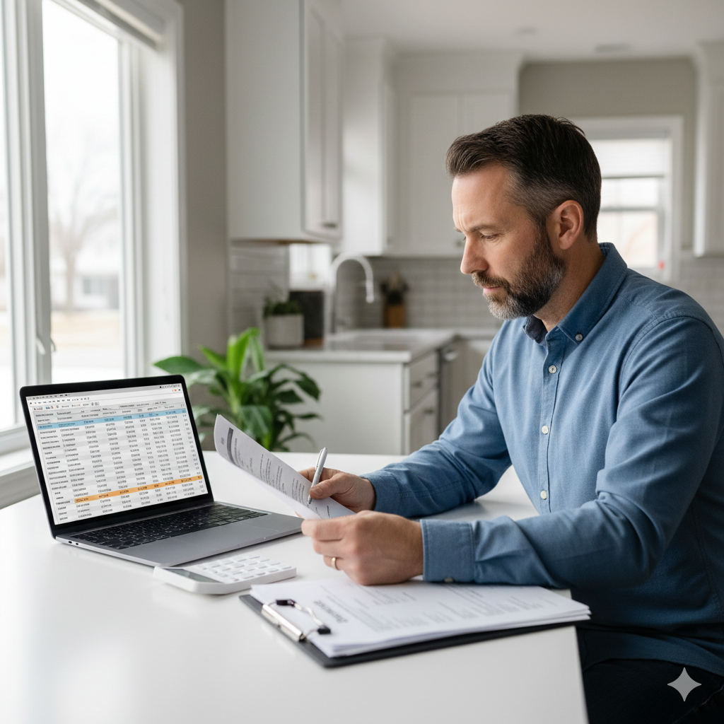 Omaha homeowner reviewing mortgage documents at kitchen table with laptop showing financial calculations