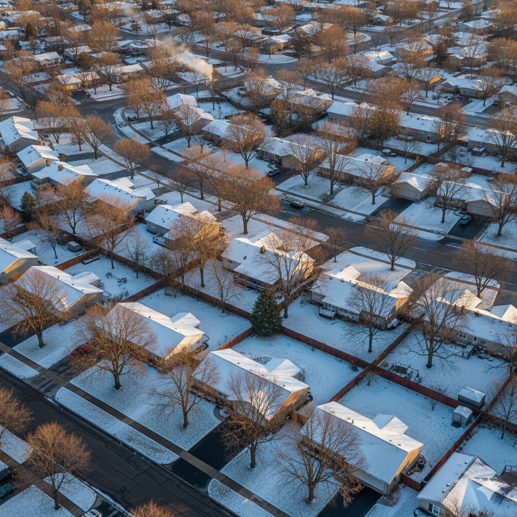 Aerial view of snow-covered single-family homes in a West Omaha, Nebraska neighborhood during winter 2025.