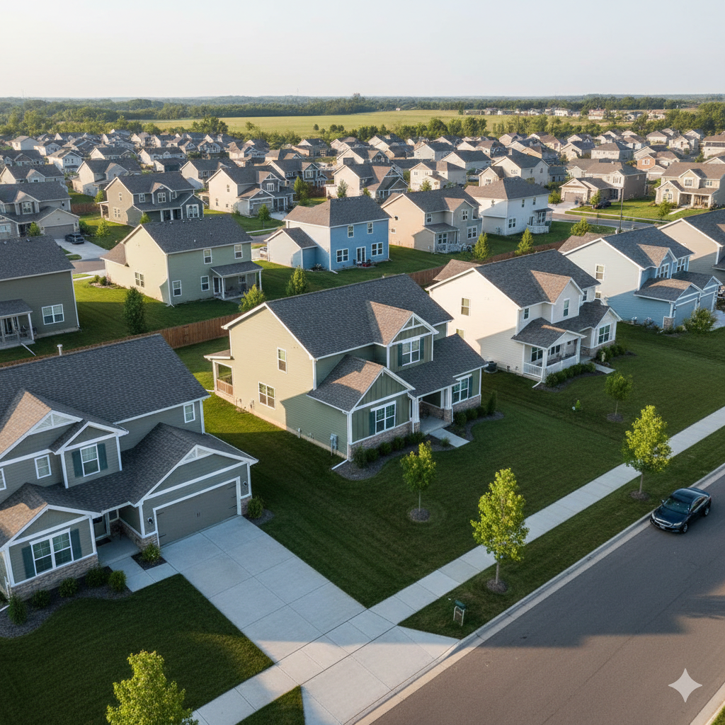 Aerial view of a Bennington Nebraska neighborhood with newer homes and tree-lined streets