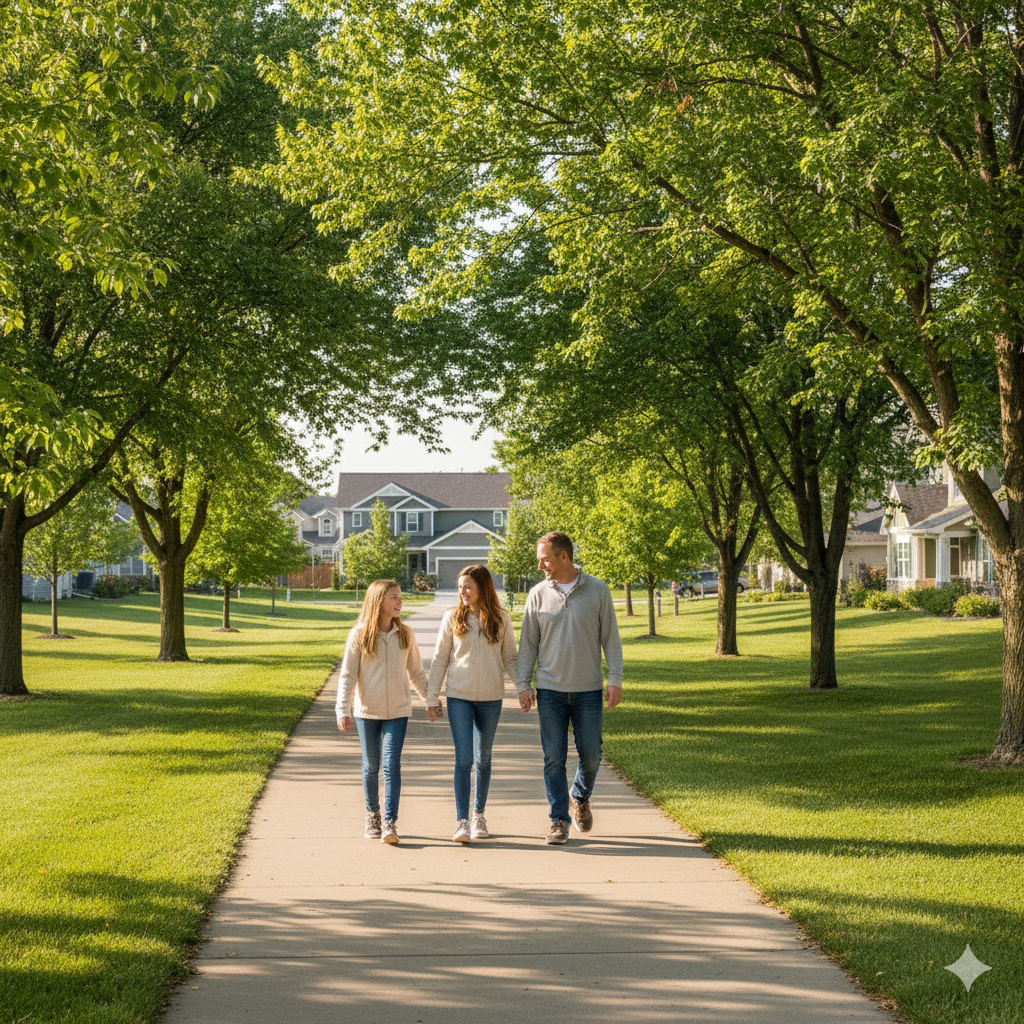Family walking along a trail in a Bennington Nebraska community park with green grass and shade trees