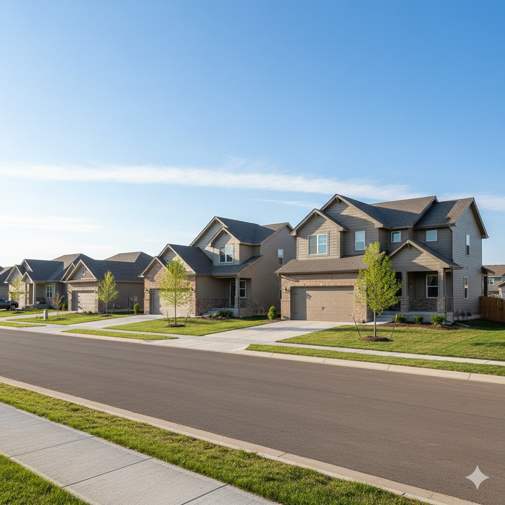 Residential street in Bennington Nebraska showing modern single-family homes with landscaped yards
