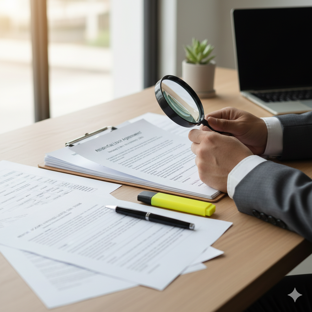 Investor reviewing rental property documents and lease agreement