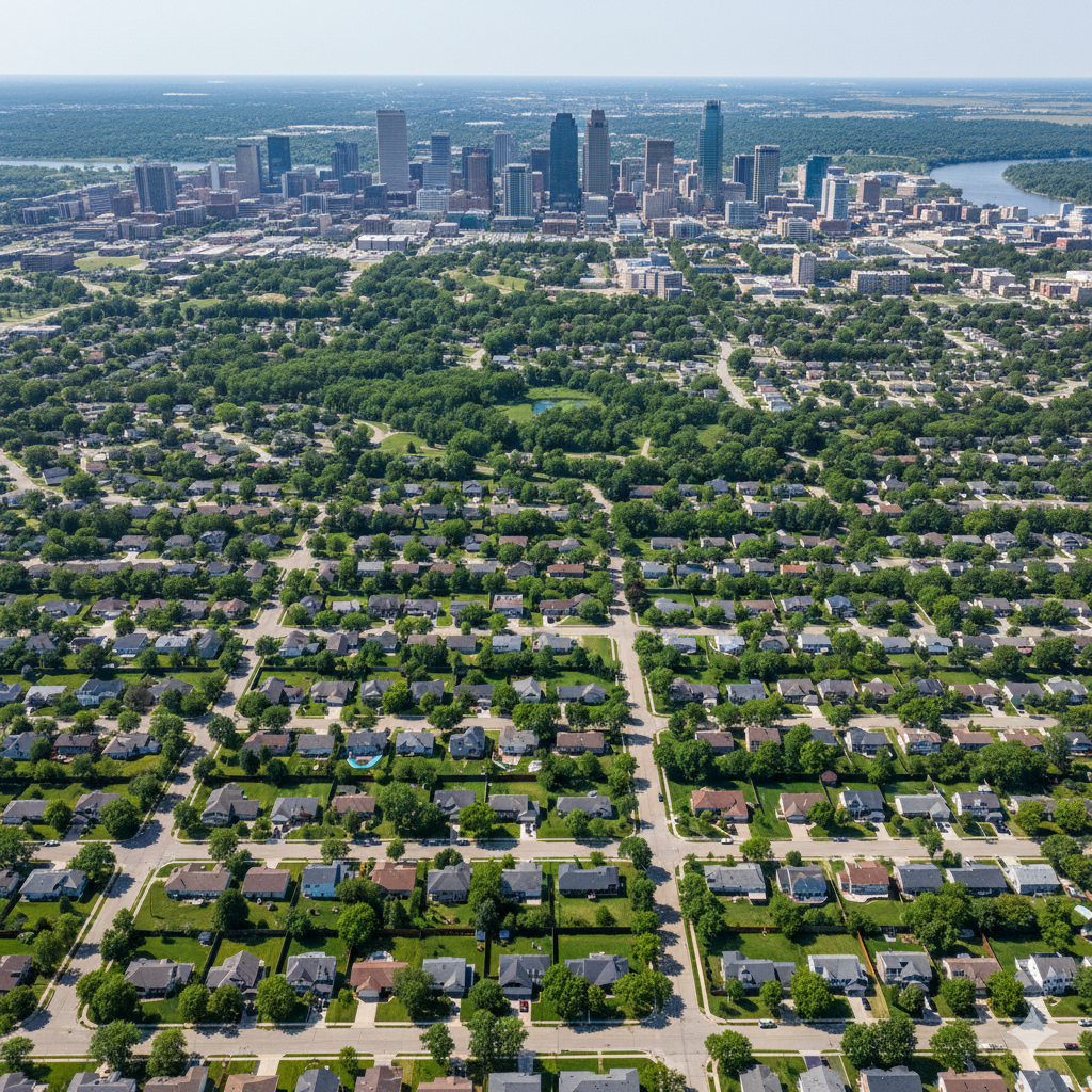 Omaha skyline with suburban neighborhoods in foreground