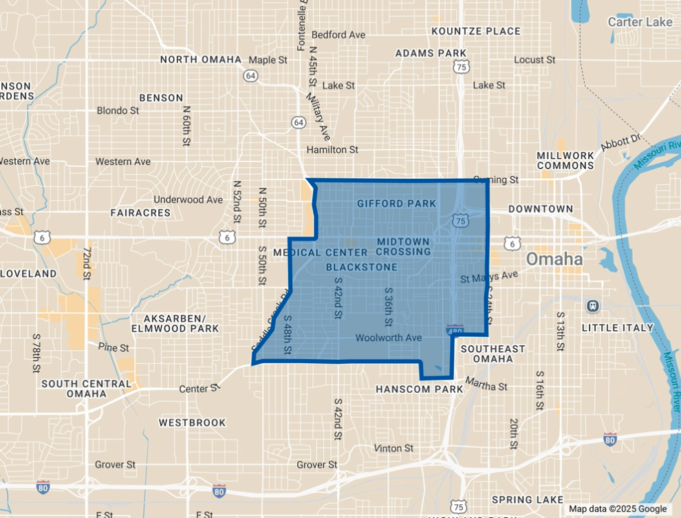 shaded map showing location of Midtown in Omaha