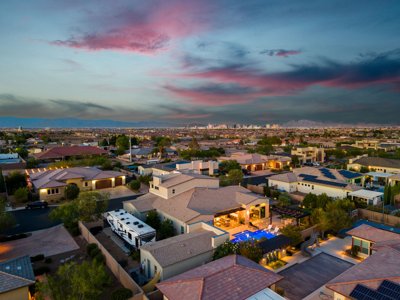 Aerial view of Las Vegas valley homes at sunset