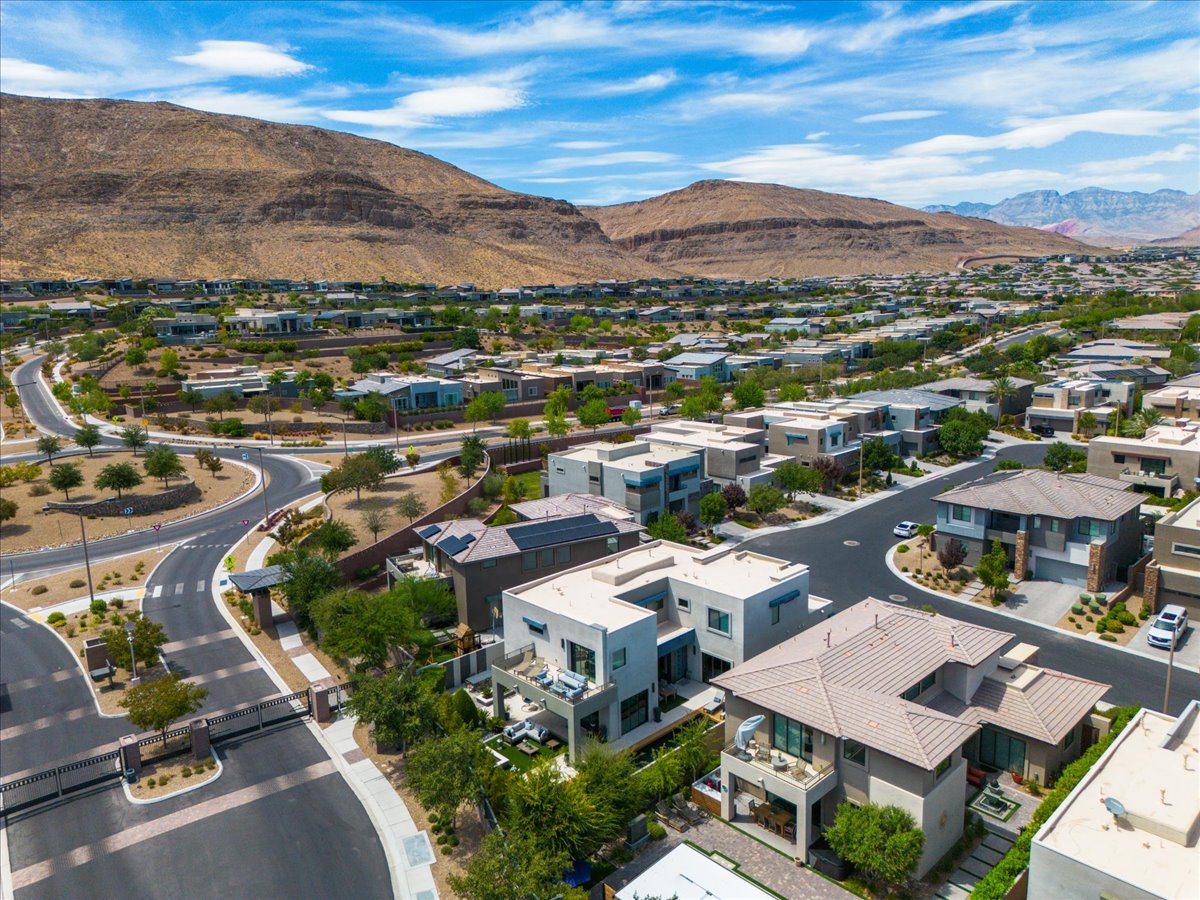 Aerial view of a Las Vegas neighborhood and home sold by The TMT Collective