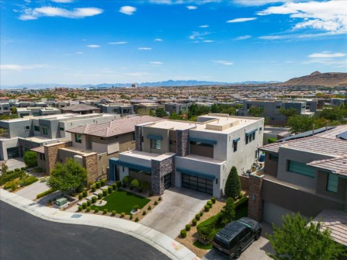Aerial view of modern two-story homes in a Henderson NV neighborhood