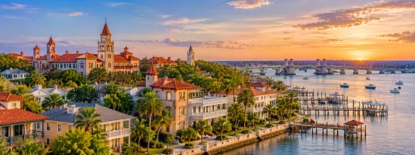 Golden Hour Harbor with Historic Towers