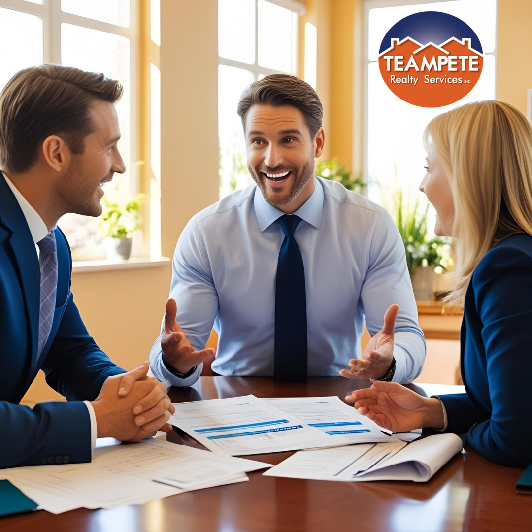 A real estate agent discussing home pricing and selling strategies with homeowners at a table, reviewing documents.