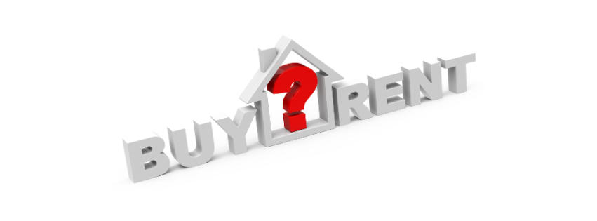 A house outline with a question mark inside, positioned between the words 'Buy' and 'Rent,' symbolizing the decision between homeownership and renting.