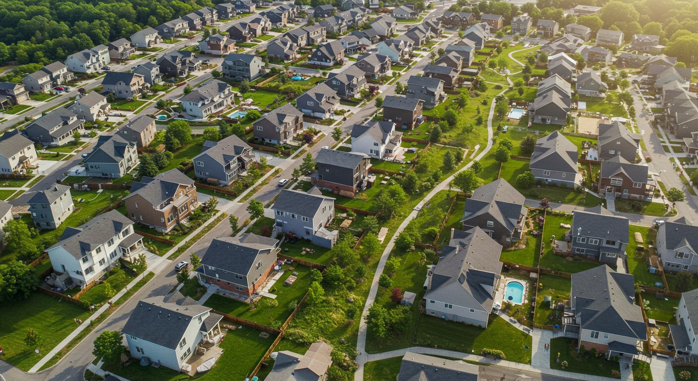 Aerial view of a newly developed neighborhood in Central Pennsylvania with modern homes and scenic landscapes.