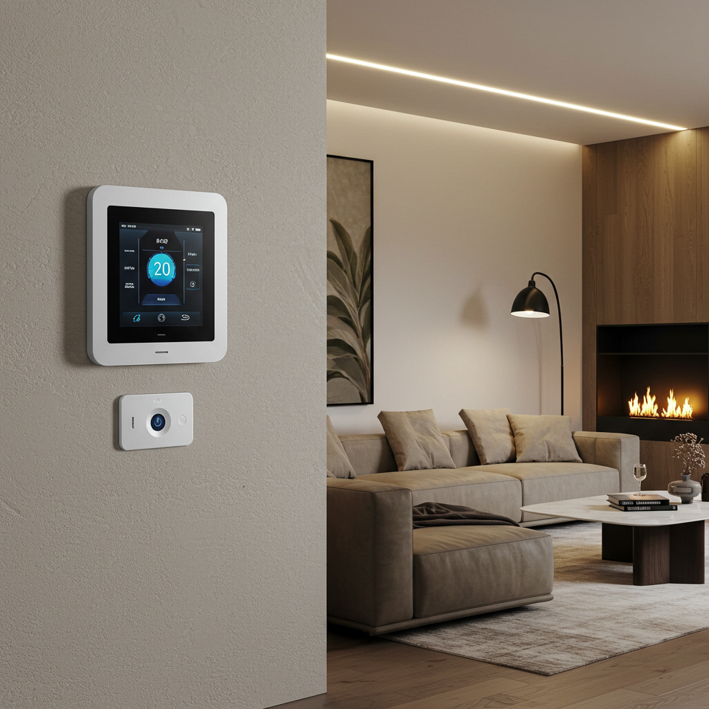 Smart home interior with smart thermostat, lighting, and security system for increased property value.
