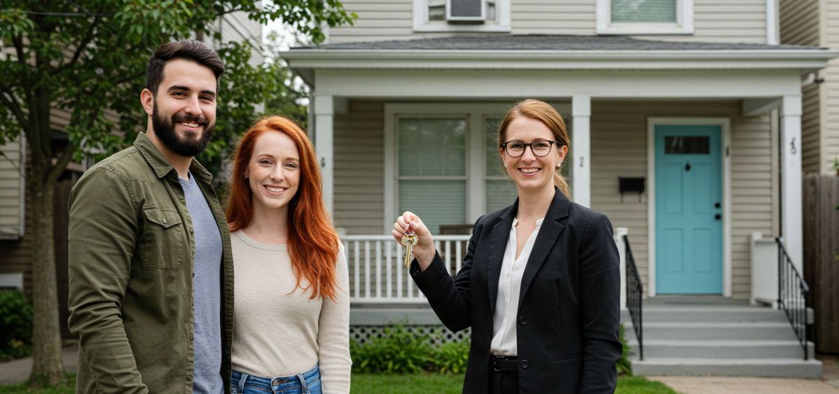 Young couple holding house keys in front of their new home in Harrisburg, PA