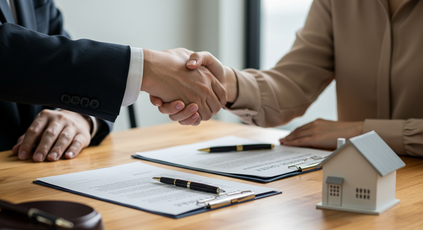 A close-up image showing hands shaking over closing documents, with a pen on top, symbolizing the final step in a real estate transaction