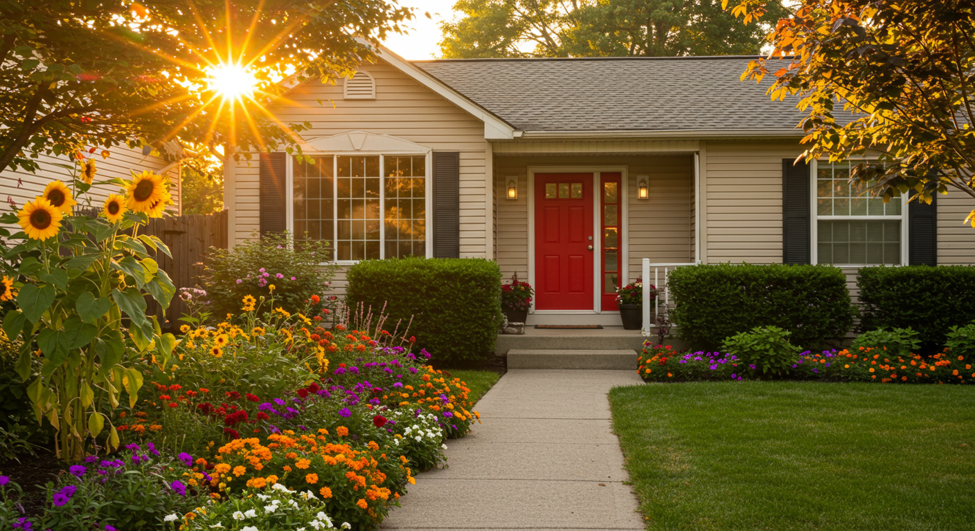 Front of a well-maintained home with DIY landscaping and budget-friendly curb appeal upgrades