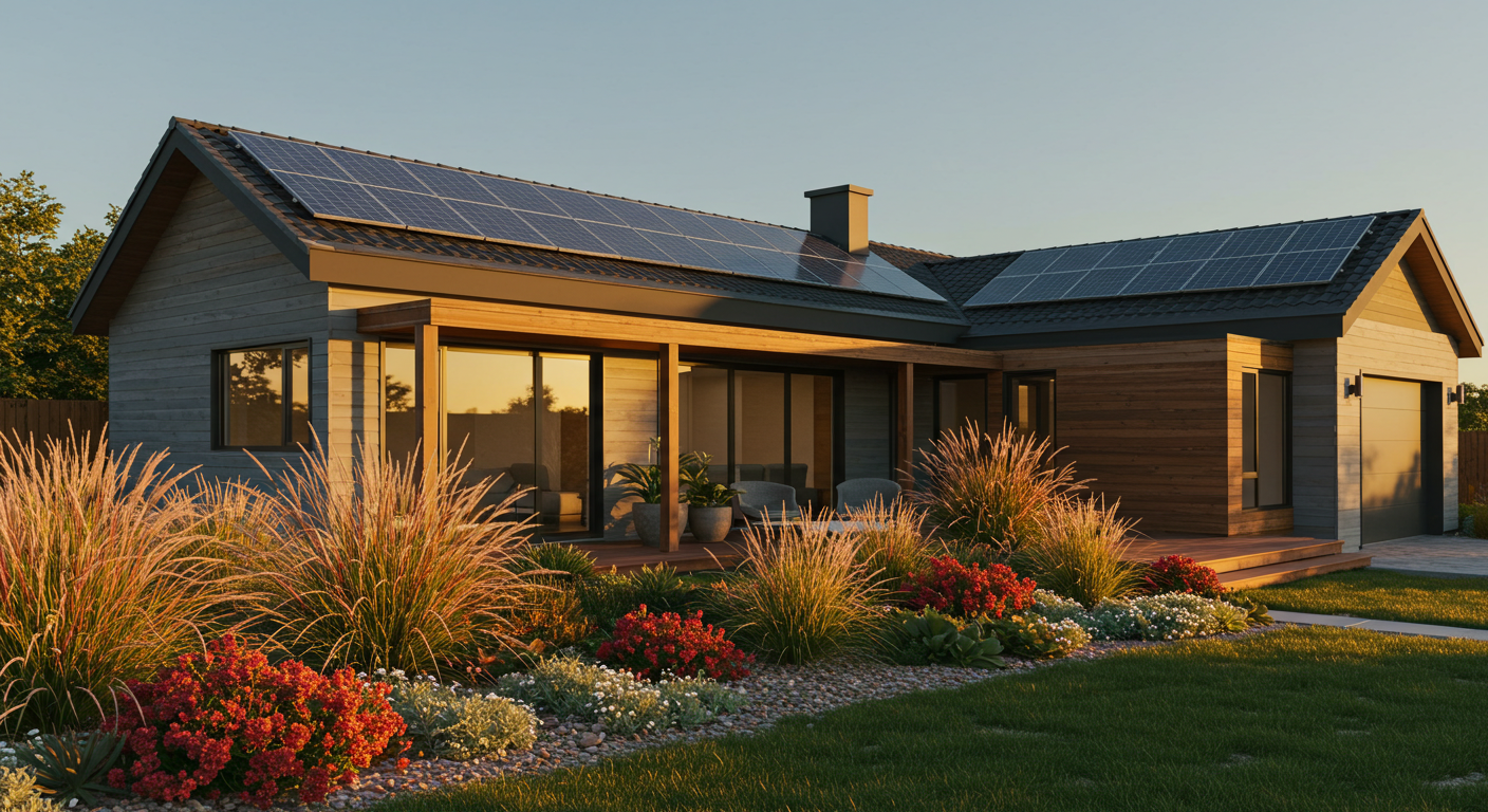 Modern eco-friendly home with solar panels, green landscaping, and energy-efficient features