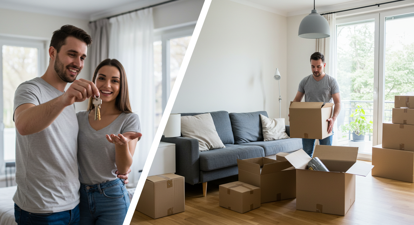A couple handing over keys on one side and unpacking moving boxes in a new home on the other side, symbolizing the process of buying and selling a home at the same time.