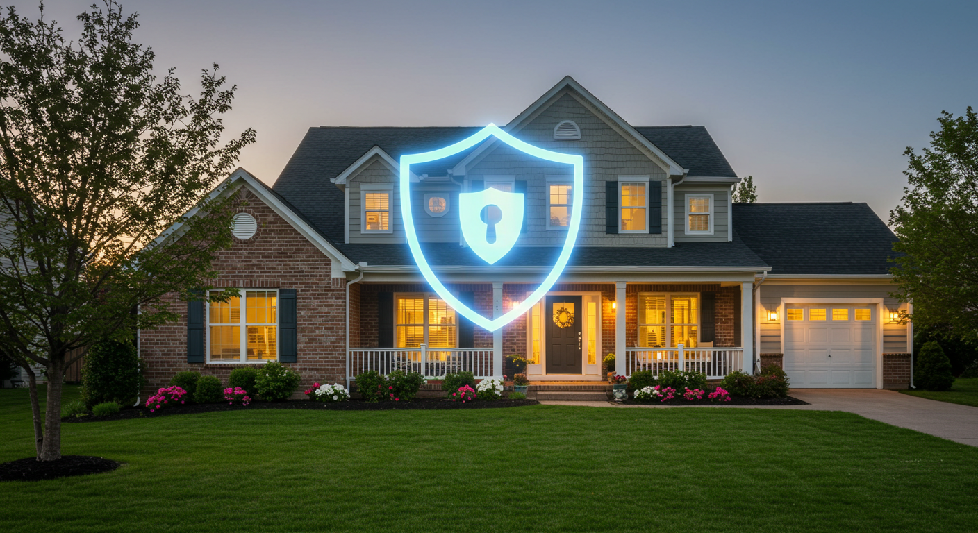 A well-maintained suburban home with a protective shield overlay representing insurance coverage for the home