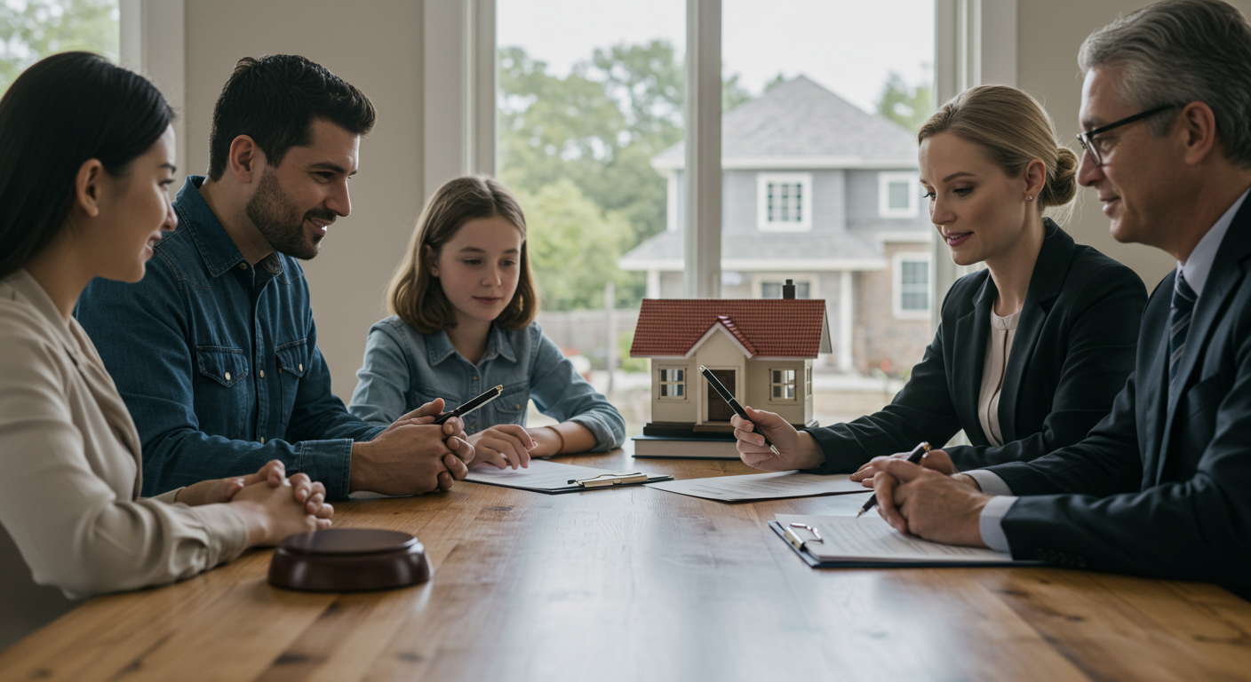 A family discussing estate planning with an advisor, homeownership documents on the table