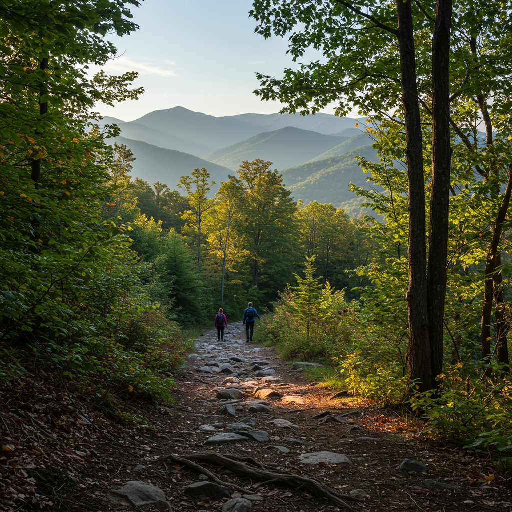 A peaceful trail scene along the Appalachian Trail in Central PA with trees, mountains, and hikers enjoying the outdoors.