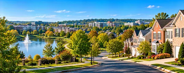 Sunlit Lakeside Suburban Panorama