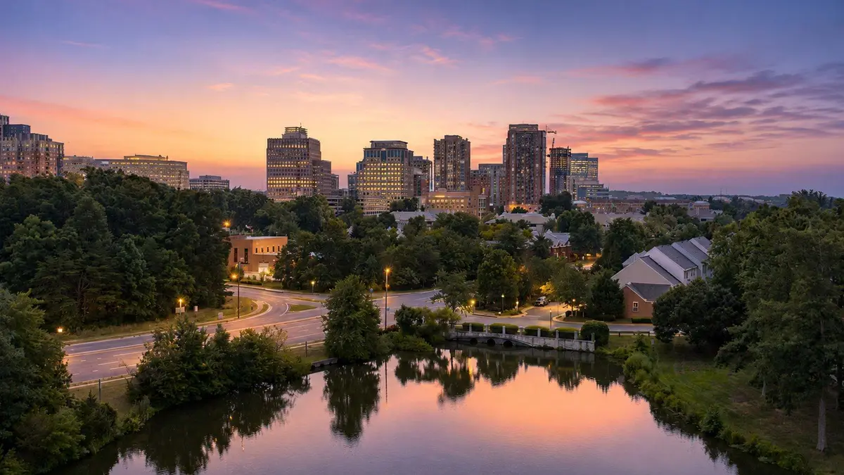 Reston lake view with skyline at dusk