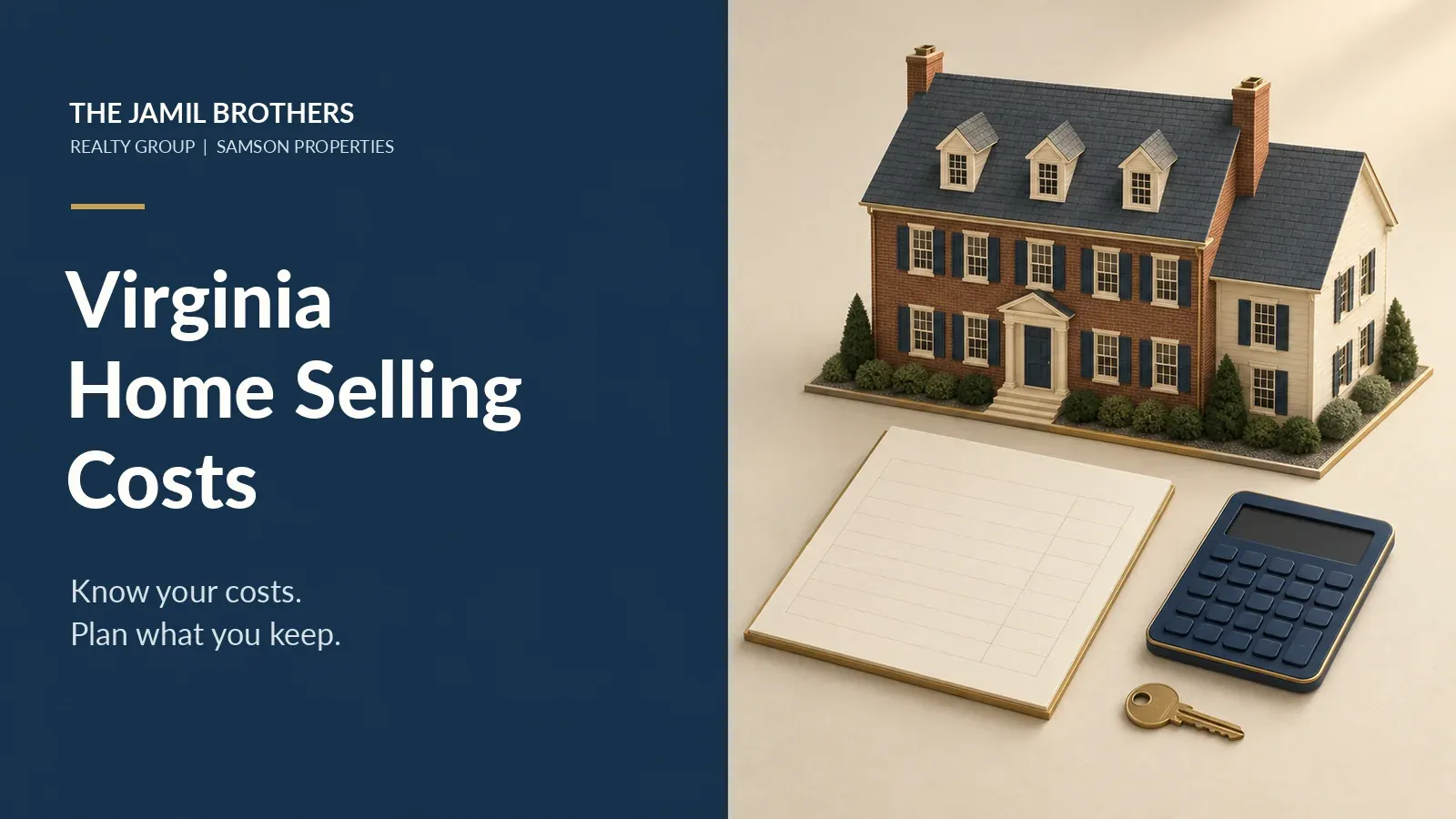 Virginia home selling costs illustration with a colonial-style house, blank net sheet, calculator and key.