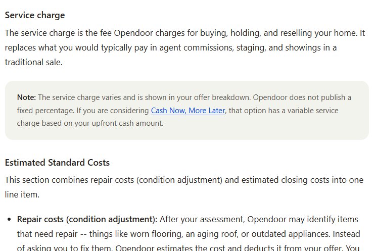 Opendoor Help Center page explaining that its service charge varies, that Opendoor does not publish a fixed percentage, and that estimated repair costs are deducted from the offer