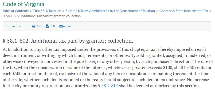 Code of Virginia section 58.1-802, Additional tax paid by grantor, setting the rate at 50 cents for each $500 of consideration