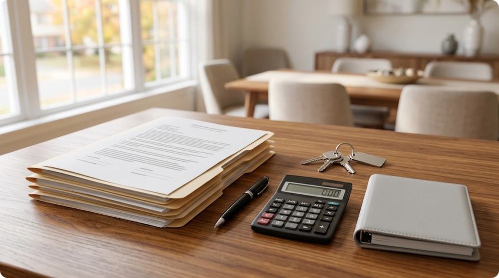 Illustration of home sale paperwork in folders with a pen, calculator, house keys and a binder on a dining table