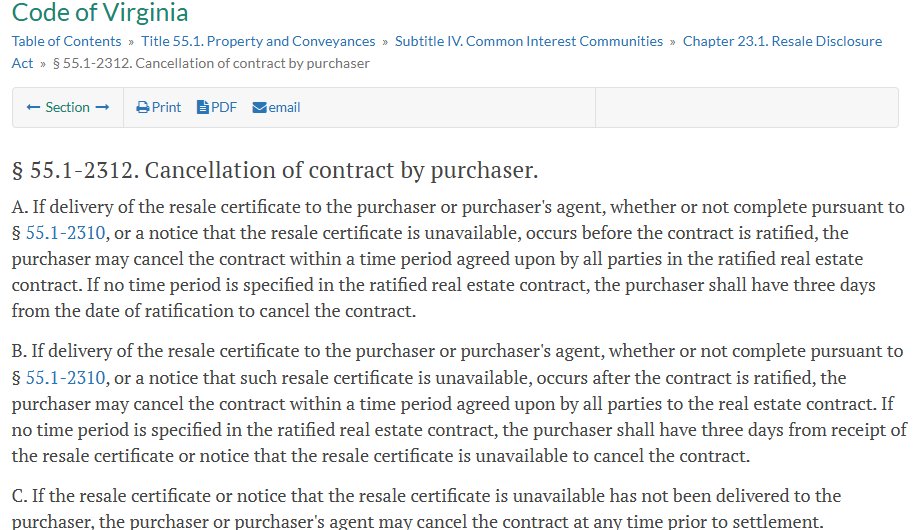 Code of Virginia section 55.1-2312, Cancellation of contract by purchaser, giving the buyer three days to cancel after the resale certificate when the contract sets no other period
