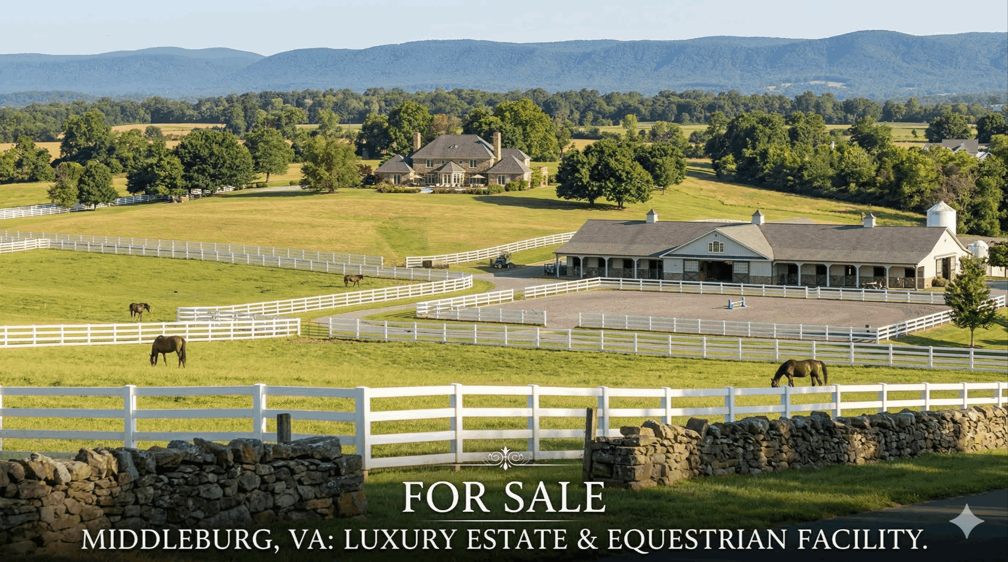 Aerial view of a luxury equestrian estate in Middleburg, Virginia — rolling pastures, a stone manor home, and horse paddocks in the heart of Loudoun County hunt country