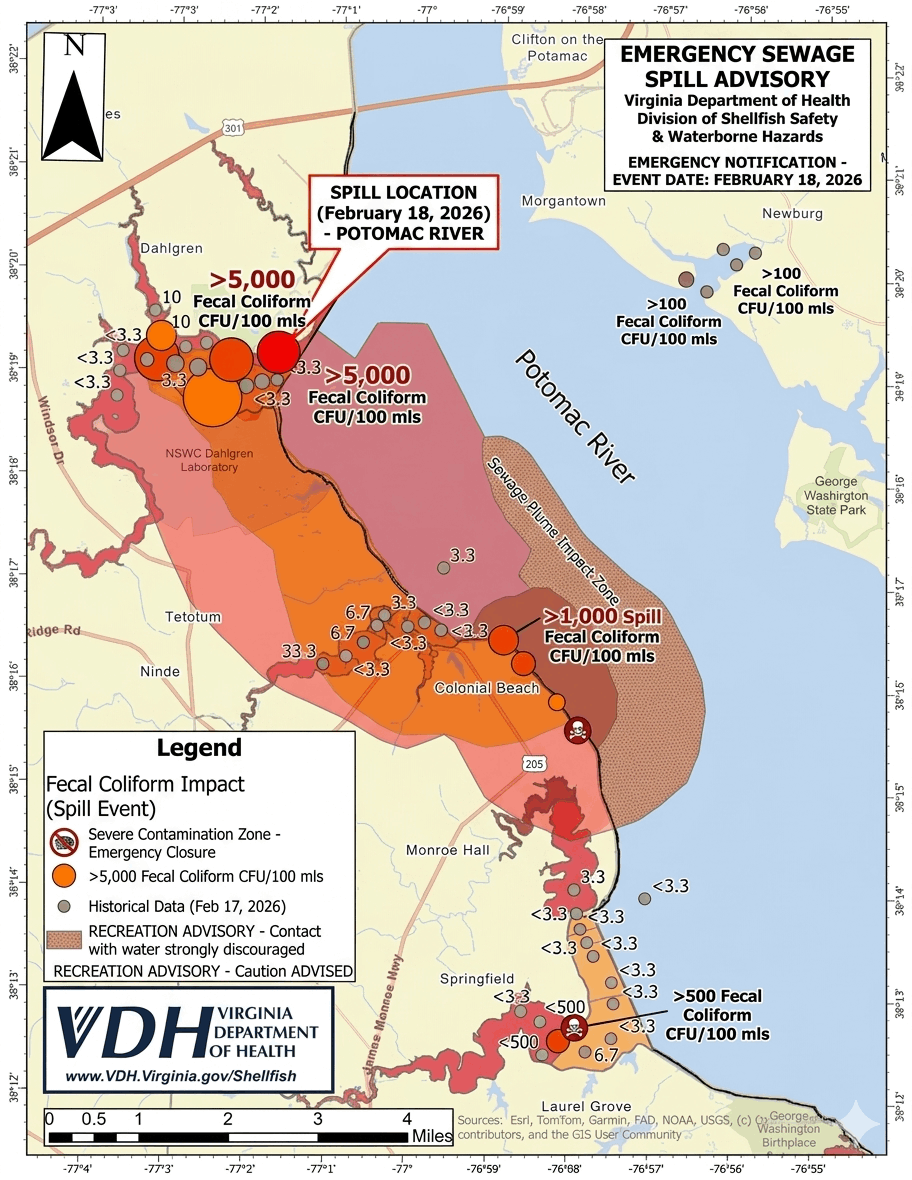 Map showing Potomac River sewage spill site location near Clara Barton Parkway, monitoring stations, and affected Northern Virginia areas