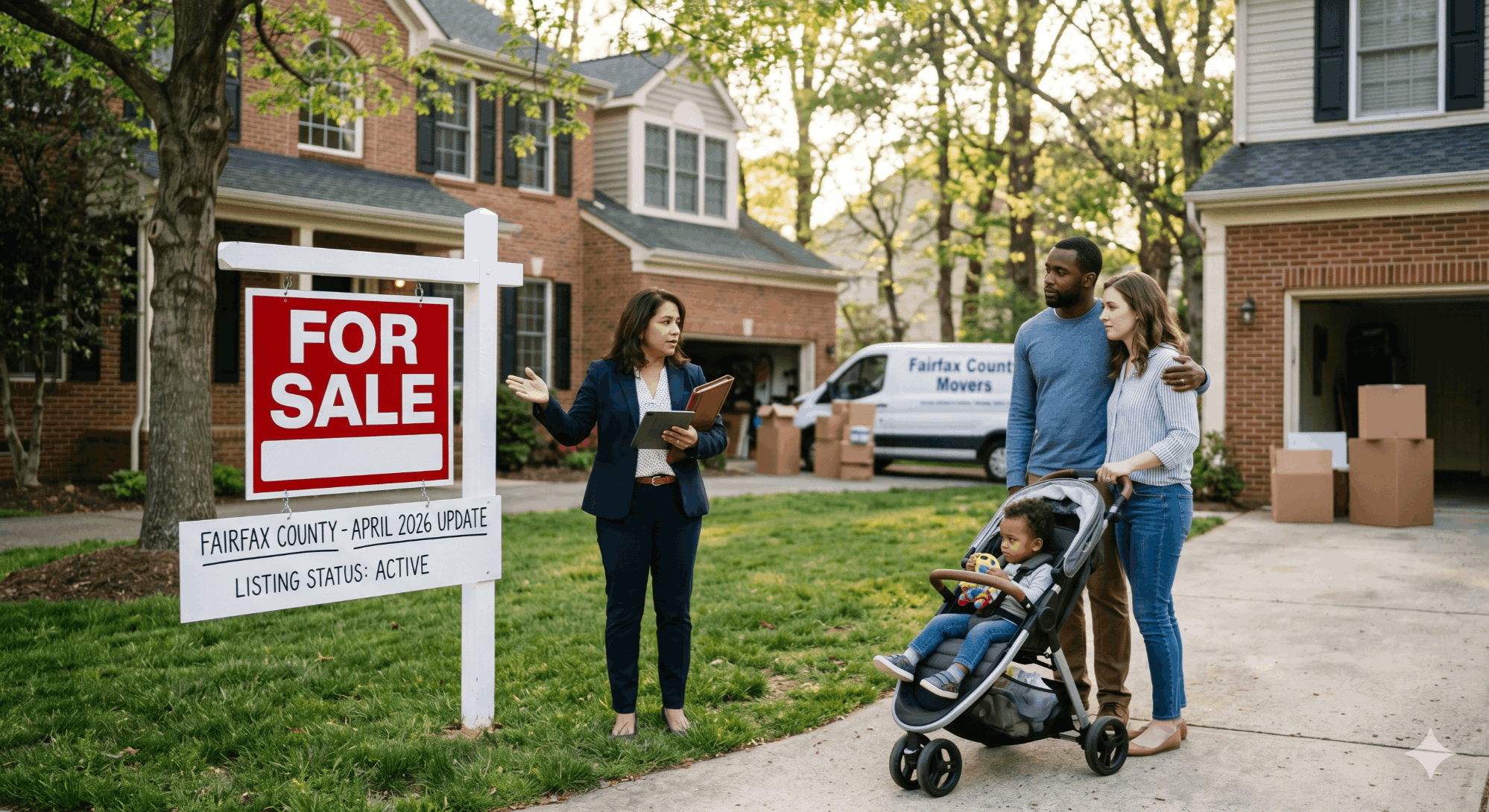 Fairfax County Virginia real estate market update April 2026 — aerial view of Northern Virginia suburbs with market data overlay