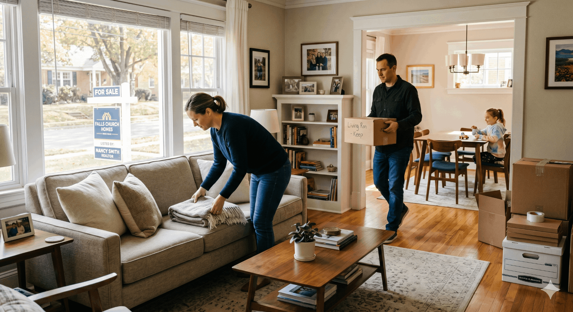 Falls Church VA home for sale while still being lived in by the seller — staged living room with morning light