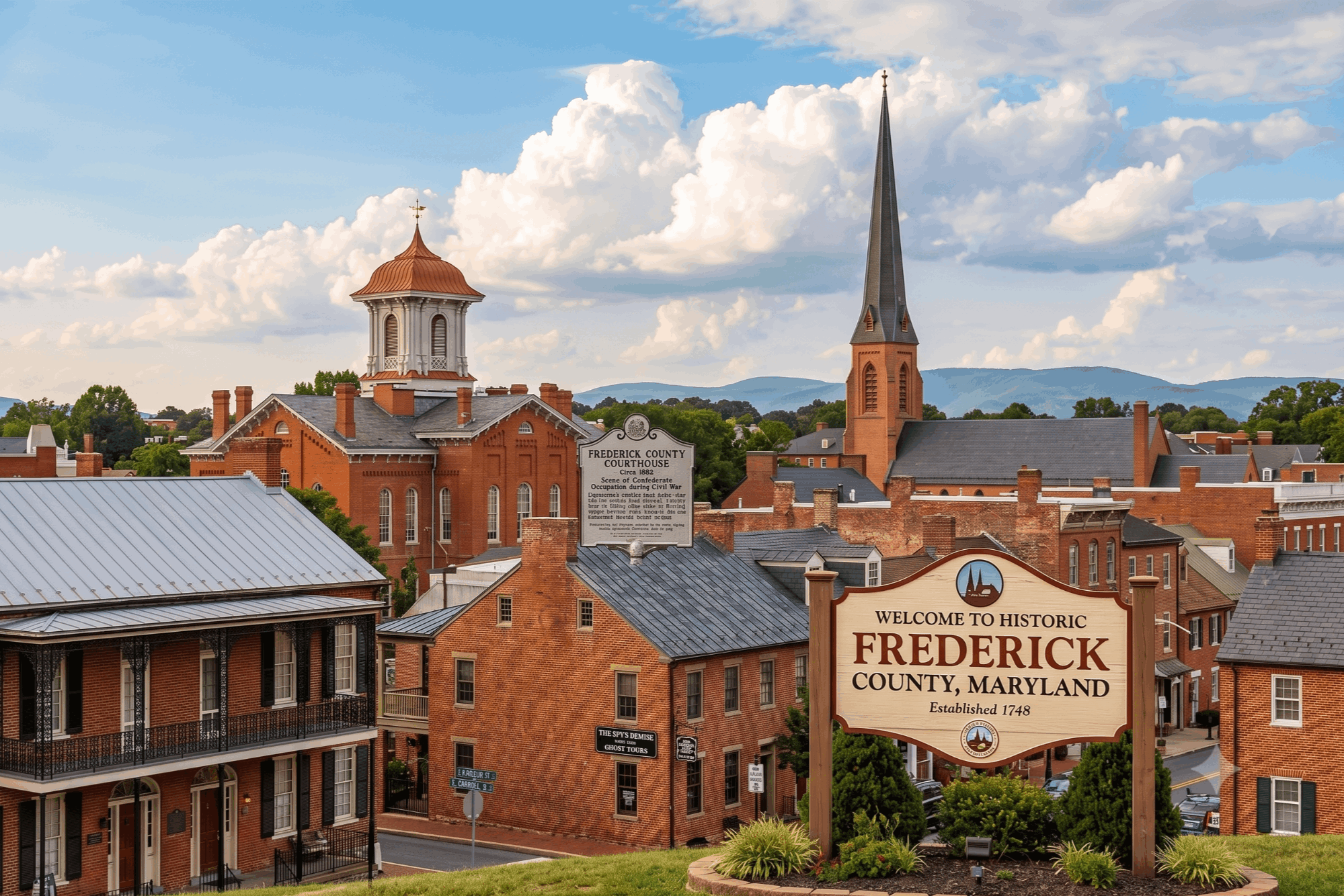 Frederick Maryland historic downtown homes near the clustered spires in Frederick County